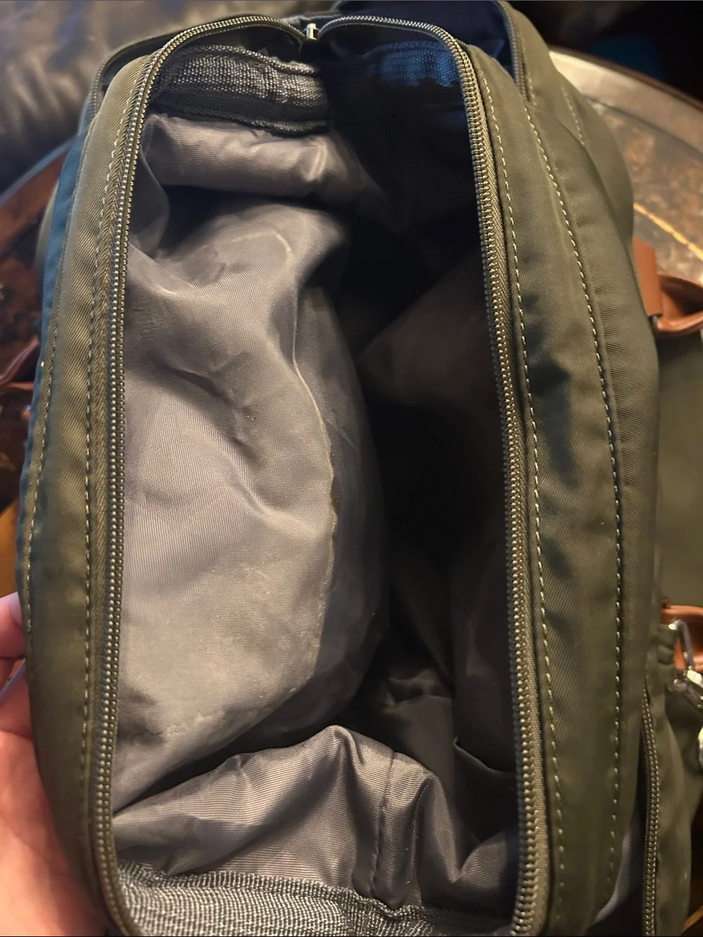 Olive 'Mommy Bag' Weekender with Tan Strap